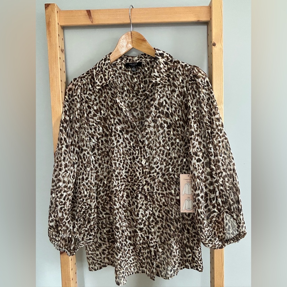 Haver London Brown Leopard Print & Gold Front Button Semi-Sheer Blouse Size S/P